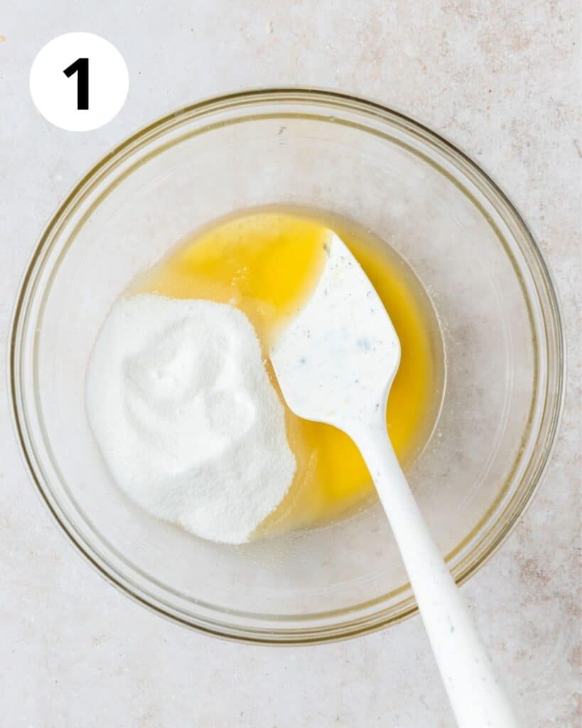 melted butter and sugar in bowl.