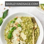 creamy pesto risotto pin.