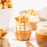 close up of brown butter salted caramel popcorn cupcakes.