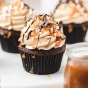 close up of caramel filled chocolate cupcakes.