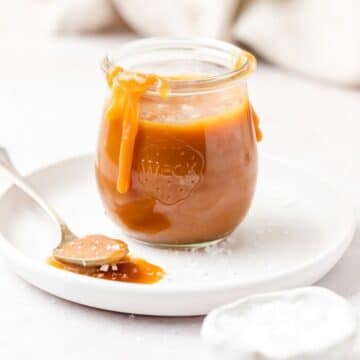 close up of jar of salted caramel.