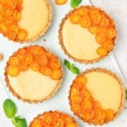 close up of candied kumquat custard tarts.