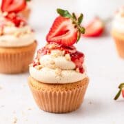 close up of peanut butter and jelly cupcakes with strawberry jam.