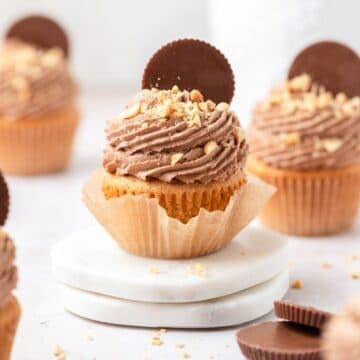 close up of peanut butter chocolate cupcakes with reese's on top.