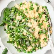 close up of spring pea risotto.