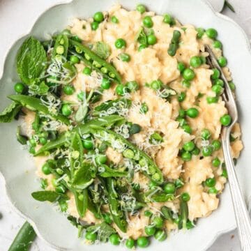 close up of spring pea risotto.