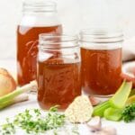 close up of homemade vegetable stock.