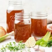 close up of homemade vegetable stock.