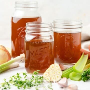 close up of homemade vegetable stock.
