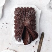 close up of chocolate loaf cake.