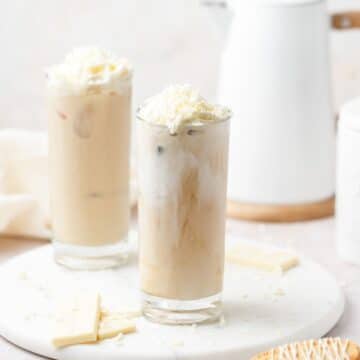 close up shot of iced white chocolate mocha.