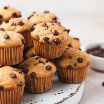 close up of banana mini muffins with chocolate chips.