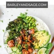 salmon avocado rice bowls pin.
