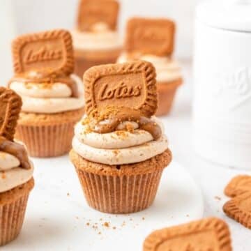 close up of biscoff cookie butter cupcakes.