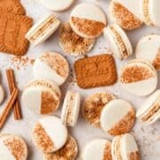 close up of biscoff cookie butter macarons.