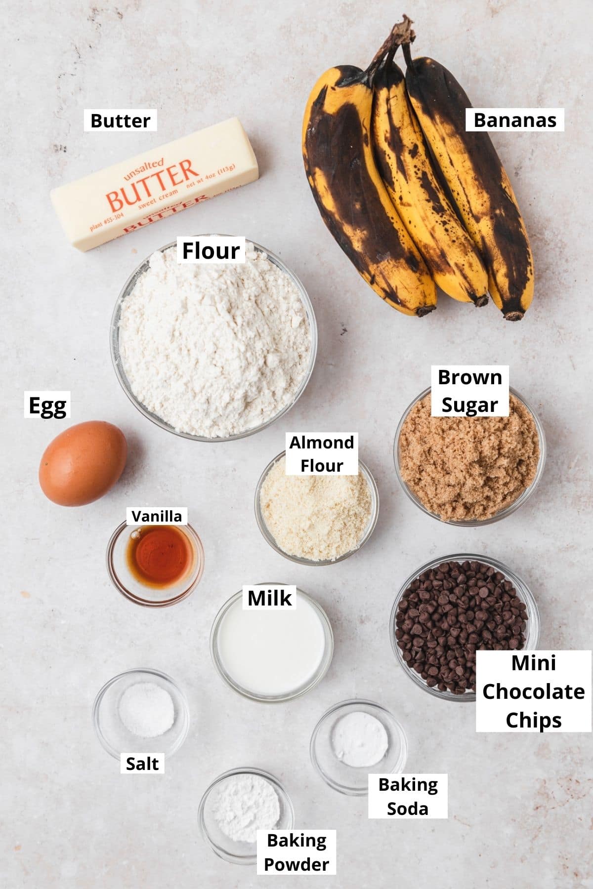 labeled shot of ingredients for mini banana muffins.