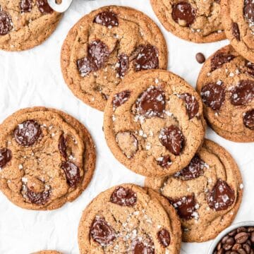 close up of espresso chocolate chip cookies.