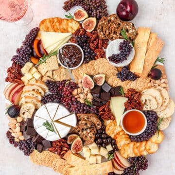 close up of fall dessert fruit and cheese board.