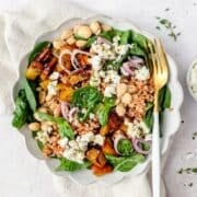 close up of roasted golden beet salad with farro and goat cheese.
