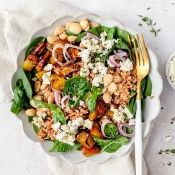 close up of roasted golden beet salad with farro and goat cheese.