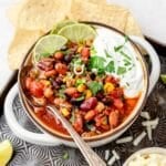 close up of bowl of easy slow cooker beef chili.