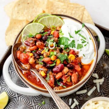 close up of bowl of easy slow cooker beef chili.