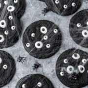 close up of black cocoa monster cookies.