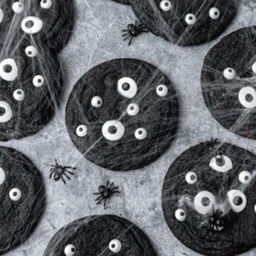 close up of black cocoa monster cookies.