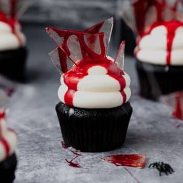 close up of bloody broken glass cupcakes for halloween.