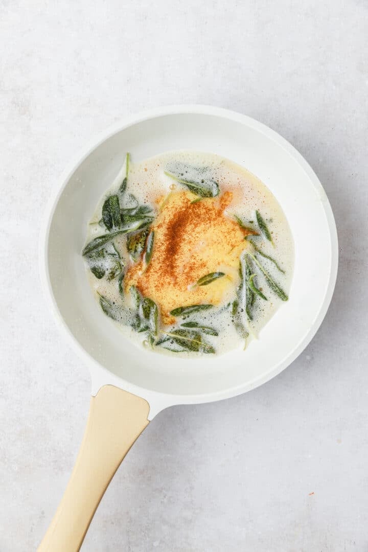 crispy sage leaves in pan.