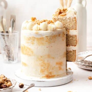 close up of brown butter hazelnut layer cake.