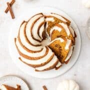 close up of pumpkin bundt cake with maple glaze.
