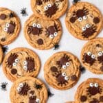 close up of spider pumpkin chocolate chip cookies.
