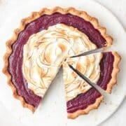 close up of purple sweet potato pie with toasted meringue.
