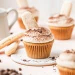 close up of tiramisu cupcakes with lady fingers on top.