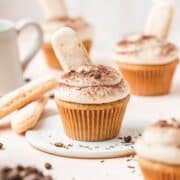 close up of tiramisu cupcakes with lady fingers on top.