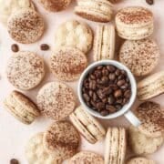 close up of tiramisu macarons with dusting of cocoa powder.