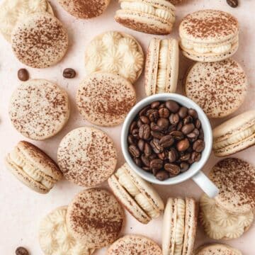 close up of tiramisu macarons with dusting of cocoa powder.