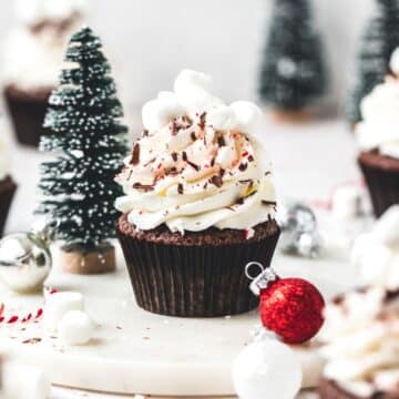 close up of peppermint hot chocolate cupcakes.