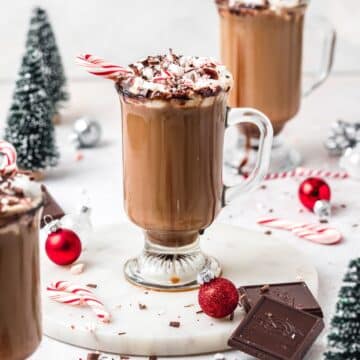 close up shot of peppermint mocha latte.