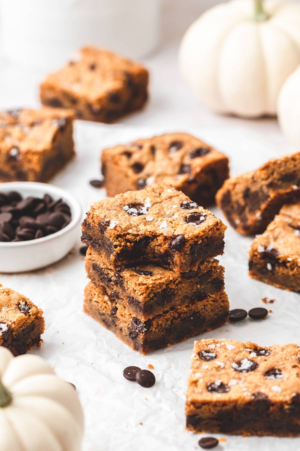 stack of pumpkin chocolate blondie bars.