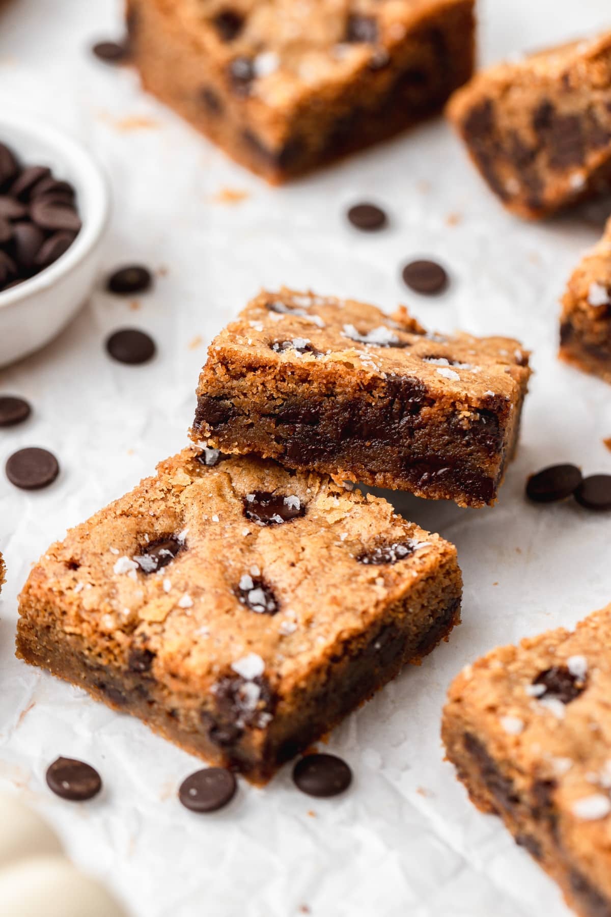 pumpkin chocolate chip blondies with flaky sea salt.