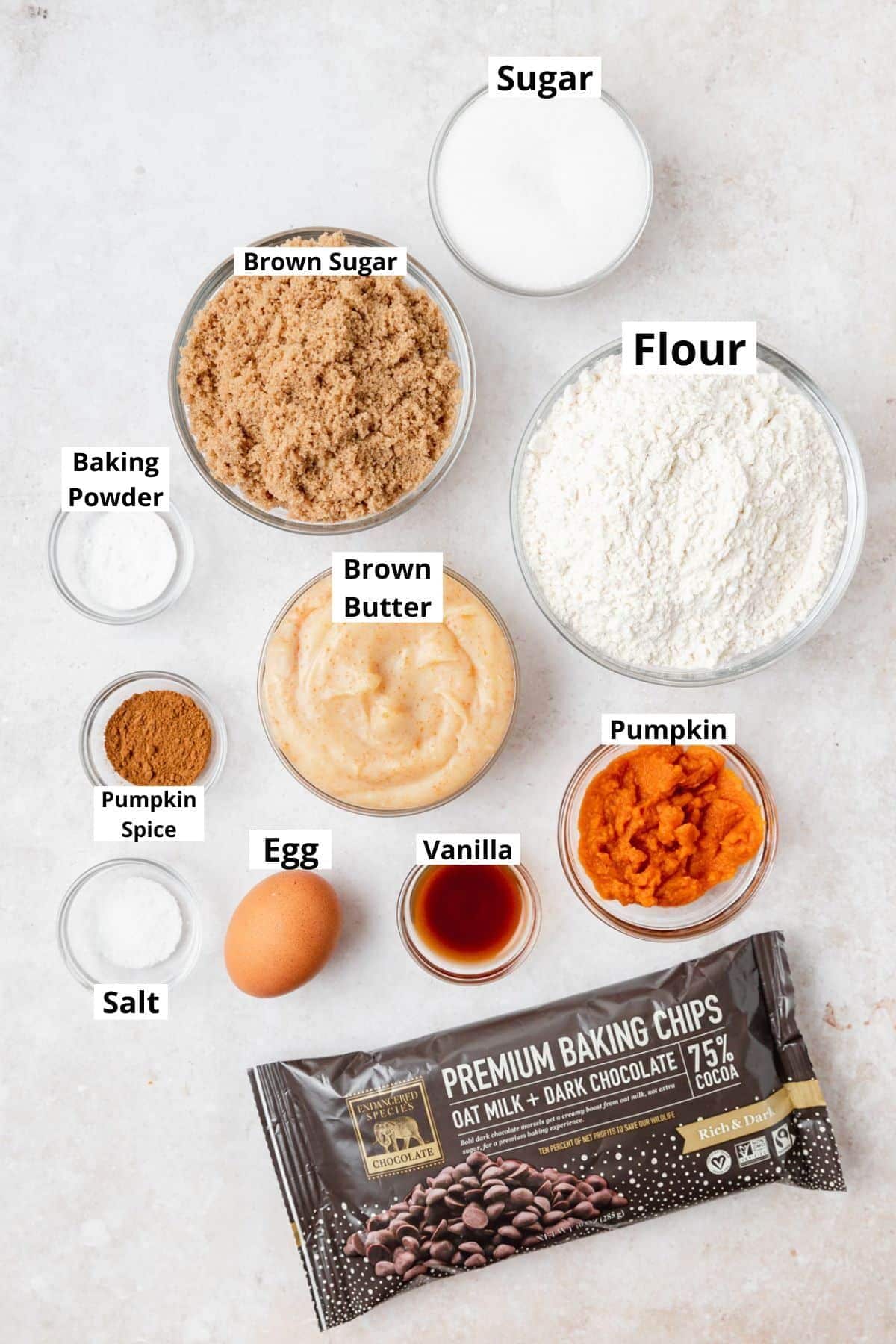 labeled ingredients for pumpkin chocolate chip blondies.