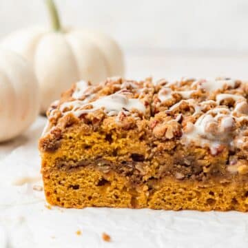 close up of pumpkin coffee cake with pecan streusel.