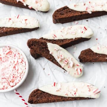 close up of chocolate peppermint biscotti dipped in white chocolate.