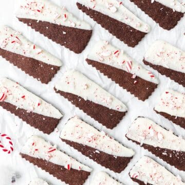 close up of chocolate peppermint shortbread cookies.