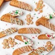 close up of gingerbread biscotti dipped in white chocolate.