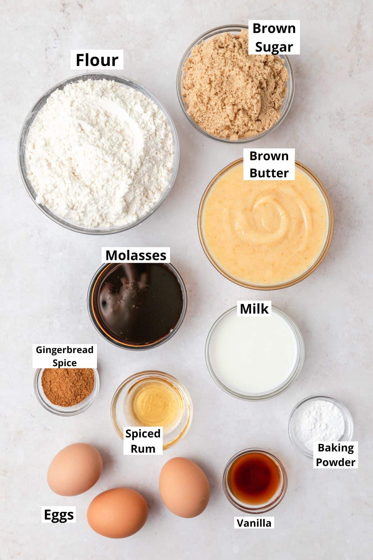 labeled ingredients for gingerbread bundt cake.