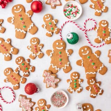close up of gingerbread men cookies.