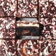 close up of peppermint bark brownies.